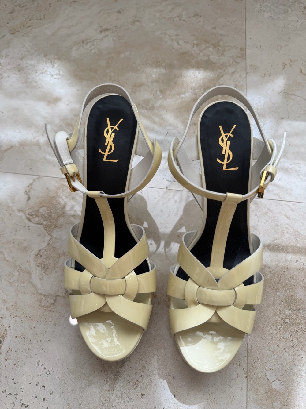 Saint Laurent YSL Tribute Patent Leather Platform Sandals Yellow 41.5